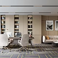 Modern Office Interior With Desk Chairs Sofa Bookshelves Artwork And Plants
