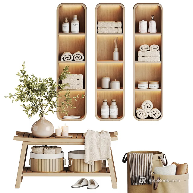 Daily Laundry Essentials Featuring Wooden Shelves Rolled Towels Bottles Candles and Plant 3d model 