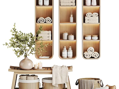 Daily Laundry Essentials Featuring Wooden Shelves Rolled Towels Bottles Candles and Plant 3d model