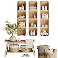Daily Laundry Essentials Featuring Wooden Shelves Rolled Towels Bottles Candles and Plant