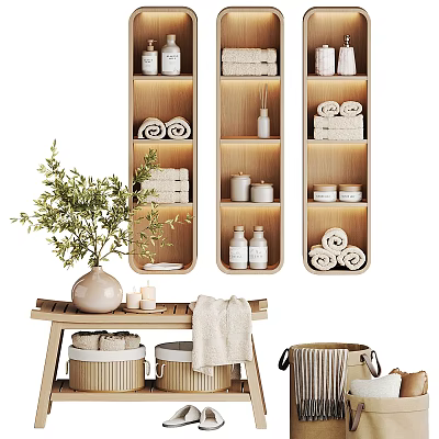 Daily Laundry Essentials Featuring Wooden Shelves Rolled Towels Bottles Candles and Plant 3d model