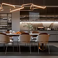 Modern Restaurant Interior Design With Dining Table Chairs Hanging Lights And Green Plants