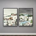 Winter Landscape Painting with Snowy Path Horse Sleigh White House and Sunset Sky Bare Trees