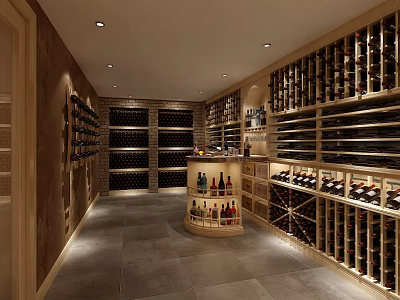 Warm Lit Wine Cellar Interior With Wooden Racks And Neatly Arranged Bottles 3d model