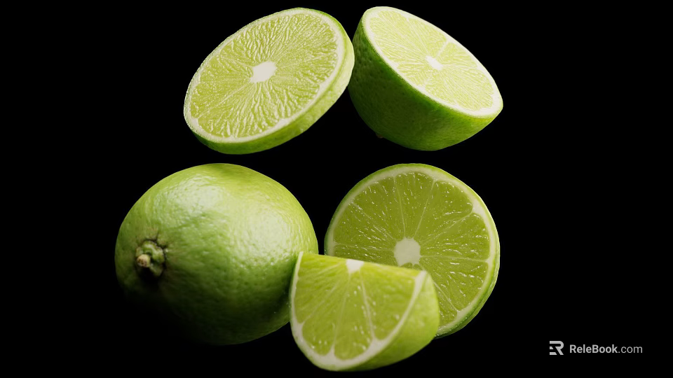 Vibrant Green Limes Featuring Whole And Sliced Sections Against Black Background 3d model 