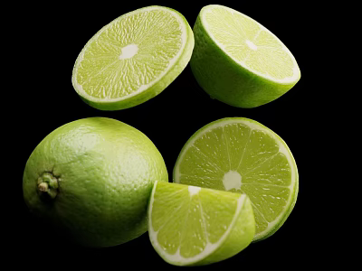 Vibrant Green Limes Featuring Whole And Sliced Sections Against Black Background 3d model