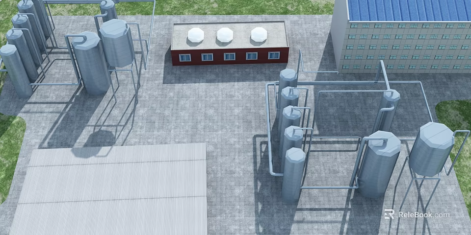 Industrial Factory Plant With Storage Tanks Pipelines Red Brick Building Blue Roof And Green Grass 3d model 