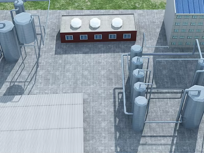 Industrial Factory Plant With Storage Tanks Pipelines Red Brick Building Blue Roof And Green Grass 3d model