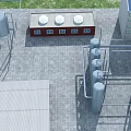 Industrial Factory Plant With Storage Tanks Pipelines Red Brick Building Blue Roof And Green Grass