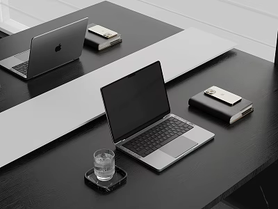 Modern Office Desk Setup With Open Laptop Notebook And Glass Of Water 3d model