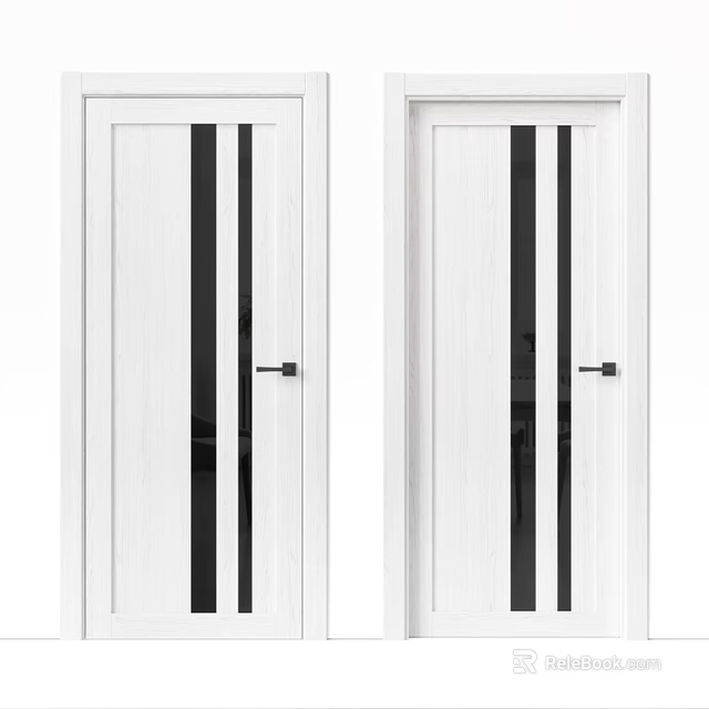 Modern White Swing Doors With Black Vertical Strips And Glass Panels 3d model 