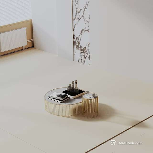 Modern Sofa And Coffee Table Set With Round Golden Frame And Decorative Books 3d model 
