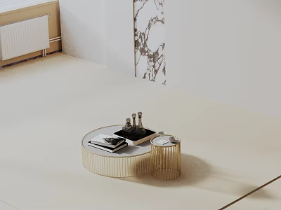 Modern Sofa And Coffee Table Set With Round Golden Frame And Decorative Books 3d model