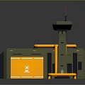 Military Style Industrial Facility With Green Exterior Yellow Pipes And Control Tower