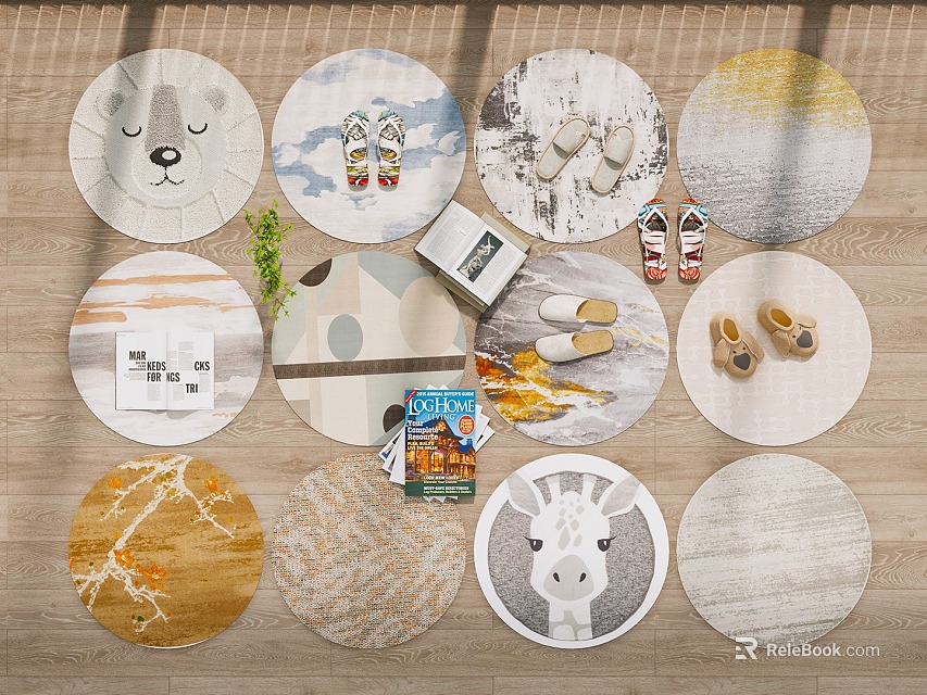 Various Round Rugs With Animal Patterns Slipper Designs And Natural Elements For Home Decor 3d model 