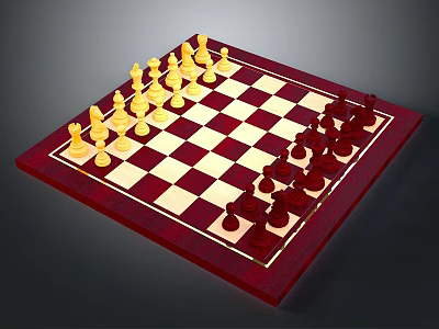 Classic Chessboard With Red And White Squares Red Border And Yellow And Red Pieces 3d model