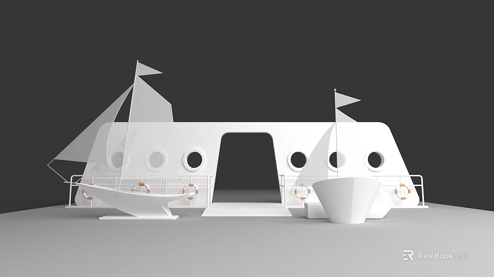 Minimalist White Boat Shaped Structure With Sails Round Windows And Lifebuoys 3d model 