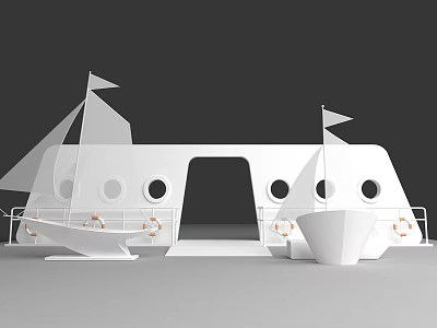Minimalist White Boat Shaped Structure With Sails Round Windows And Lifebuoys 3d model