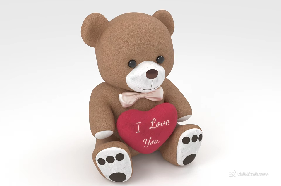 Brown Teddy Bear Holding Red Heart Pillow I Love You Text Pink Bow Black Paws 3d model 
