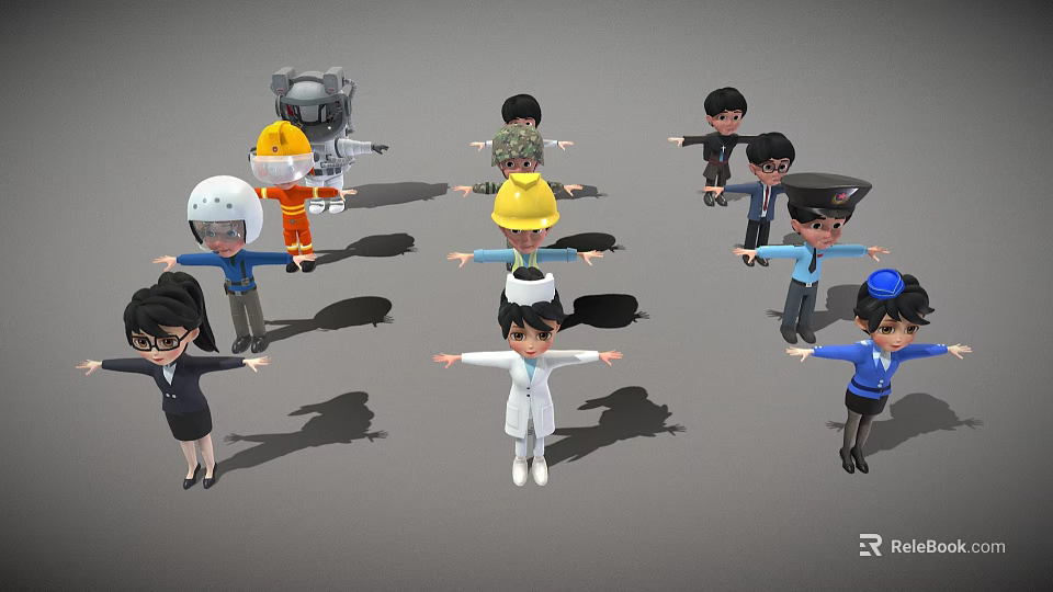 Game And Movie Cartoon Characters In Various Professional Costumes Standing With Arms Outstretched 3d model 