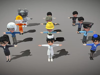 Game And Movie Cartoon Characters In Various Professional Costumes Standing With Arms Outstretched 3d model