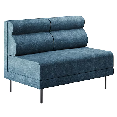 Modern Blue Fabric Double Sofa With Curved Backrest And Black Slim Legs 3d model