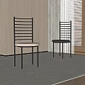 Dining Chairs Featuring Vertical Slat Metal Backrest Light Dark Upholstered Seats in Minimalist Room