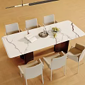 Modern White Marble Texture Dining Table Set With Six Light Colored Chairs And Fruit Tray 3d model