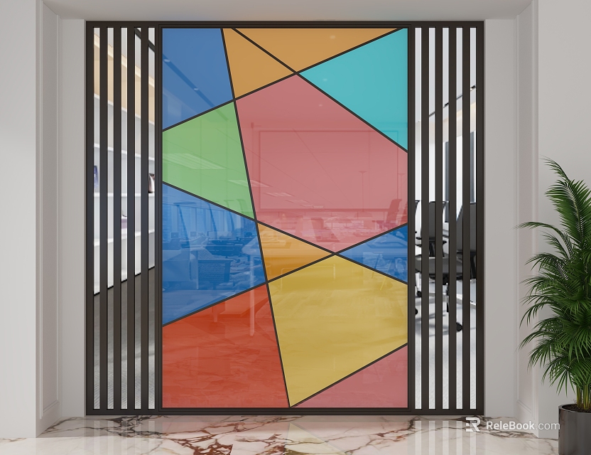 Modern Interior Room Divider With Colorful Geometric Glass And Metal Frame 3d model 
