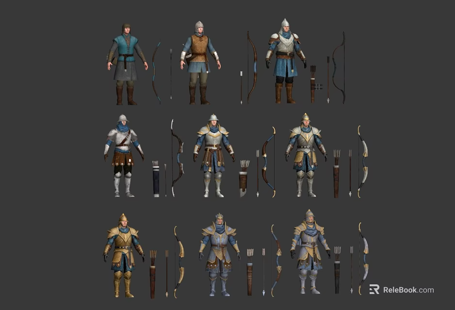Fantasy Medieval Characters With Various Armor Sets And Bow Weapons Equipment 3d model 
