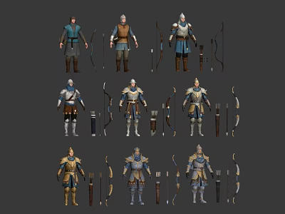 Fantasy Medieval Characters With Various Armor Sets And Bow Weapons Equipment 3d model