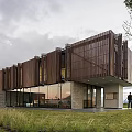 Modern Detached Villa Exterior With Corrugated Metal Cladding Large Glass Windows And Landscaped Grass Area