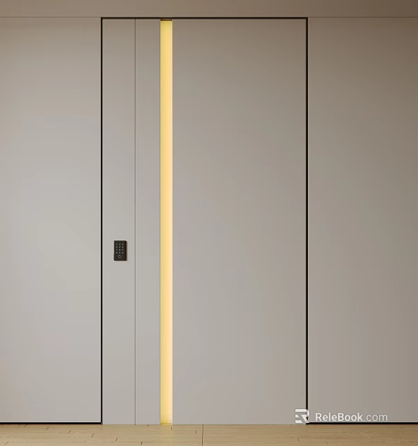 Modern Security Door Light Gray with Yellow Vertical Stripe and Electronic Lock for Home Safety 3d model 