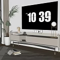 Modern TV Stand With Sleek Design Sculpture Books Floor Lamp And Potted Plant