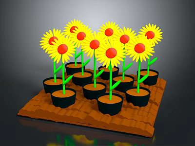 Cartoon Scene With Potted Sunflowers Yellow Blooms Green Stems And Brown Base 3d model