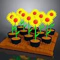 Cartoon Scene With Potted Sunflowers Yellow Blooms Green Stems And Brown Base