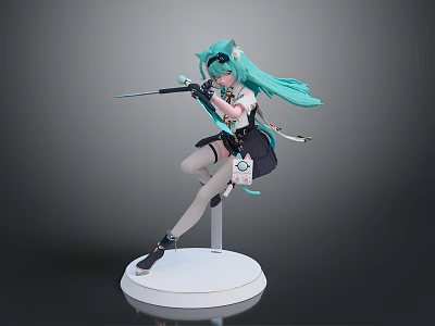 Anime Figure Green Hair Holding Sword Black Skirt White Thigh High Socks On White Stand 3d model