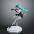 Anime Figure Green Hair Holding Sword Black Skirt White Thigh High Socks On White Stand
