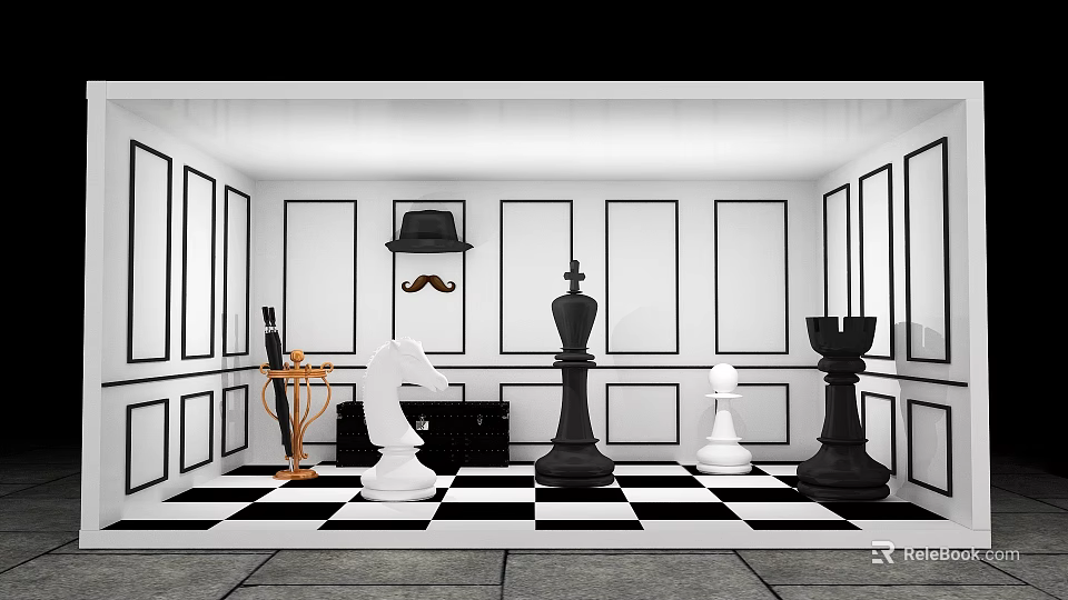 Live Stream Room with Black White Theme Checkerboard Floor Large Chess Pieces and Wall Decorations 3d model 