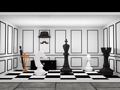 Live Stream Room with Black White Theme Checkerboard Floor Large Chess Pieces and Wall Decorations 3d model