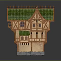 Cartoon Scene Featuring a Charming Fairy Tale Cottage with Green Sloped Roof and Wooden Frame