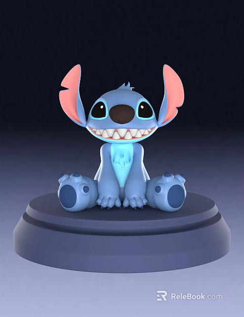 Blue Stitch Doll With Pink Ears Smiling Sitting On Round Base 3d model