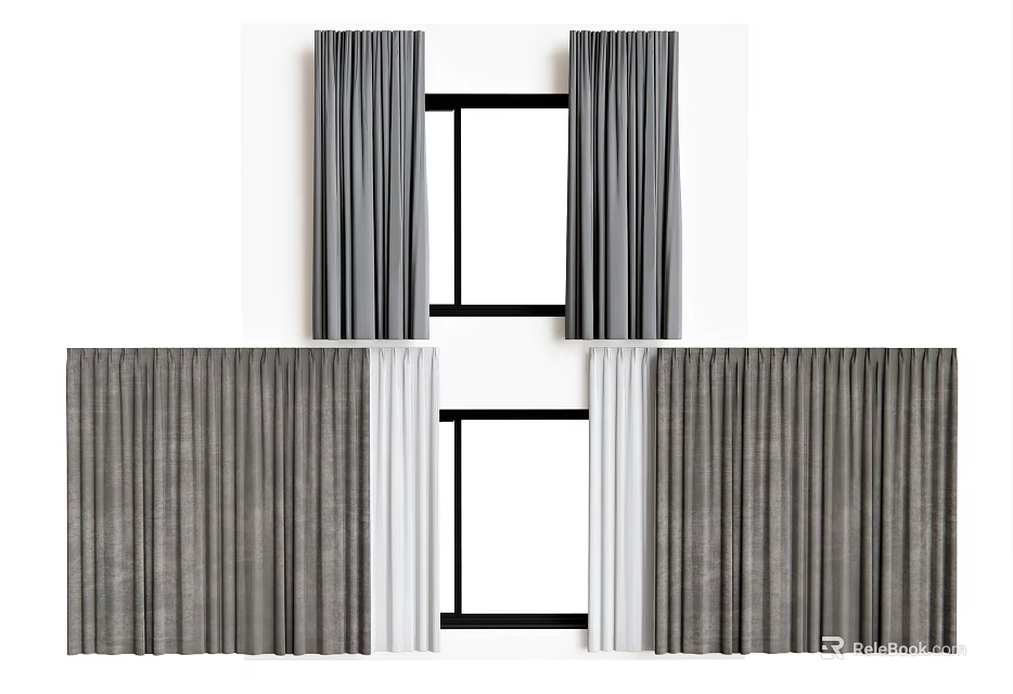 Gray Linen Window Curtains With Elegant Double Panel Design For Modern Home Decor 3d model