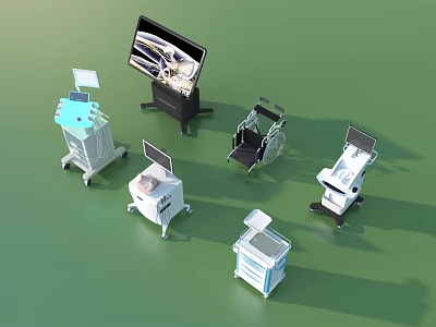 Different Types of Medical Devices Such as Monitors Carts and Wheelchairs 3d model