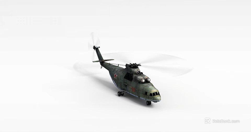 Military Green Helicopter With Rotating Rotors Landing Gear And Fuselage Windows 3d model 