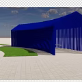 Blue Pavilion Structure With Trees And Grass In Park Where Two People Are Sitting