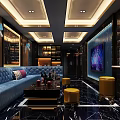 Modern KTV Interior Design With Blue Sofa Yellow Stools And TV Screen 3d model