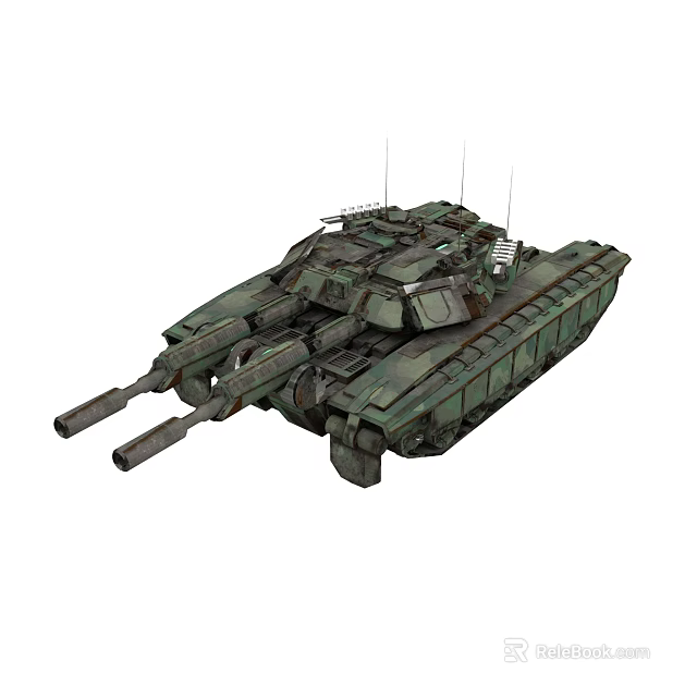 Military Green Armored Tank With Dual Cannons Turret Tracks And Equipment 3d model 