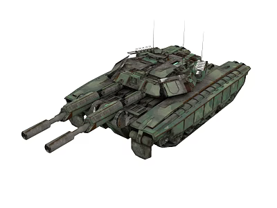 Military Green Armored Tank With Dual Cannons Turret Tracks And Equipment 3d model