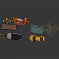 Urban Roadside Scene With Cars Food Stalls Blue Shelter Street Signs And Bare Tree
